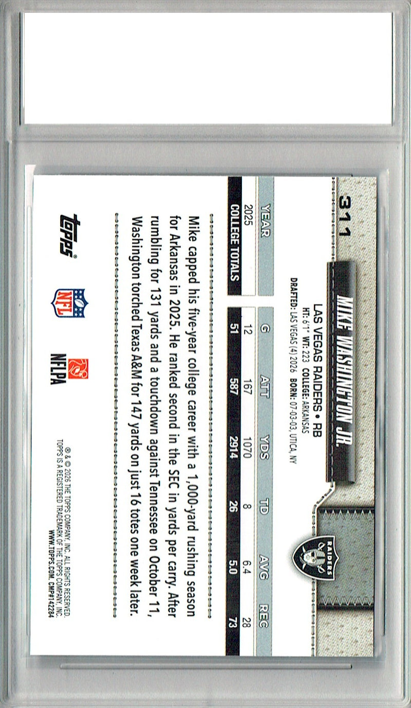Mike Washington Jr. Rookie Card 2026 Topps #311 Flagship, PGI 10, Las Vegas Raiders Football