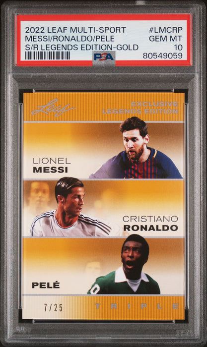 PSA 10 Pele Lionel Messi Cristiano Ronaldo 2022 Leaf #LMCRP The Triple Gold Jersey #7/25 Rare Trading Card