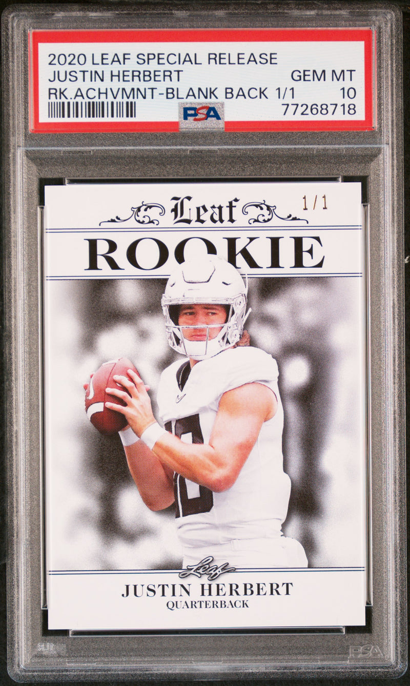 Justin Herbert Rookie Card Los Angeles PSA GEM-MT 10 (Gem Mint) Football Trading Card 2020 Leaf Exclusive #4 White Blank Back 1/1