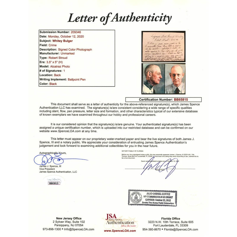 Whitey Bulger Hand Written Signed Framed Letter Birdman of Alcatraz Mafia JSA COA
