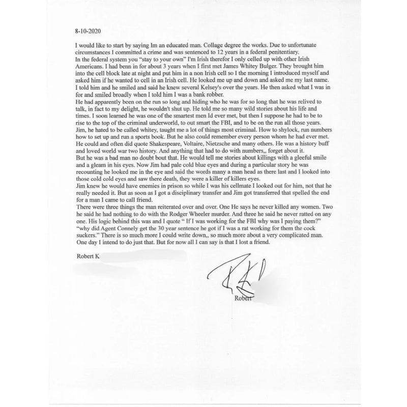 Whitey Bulger Hand Written Signed Framed Prison Letter About "Al Capone" Mafia JSA COA