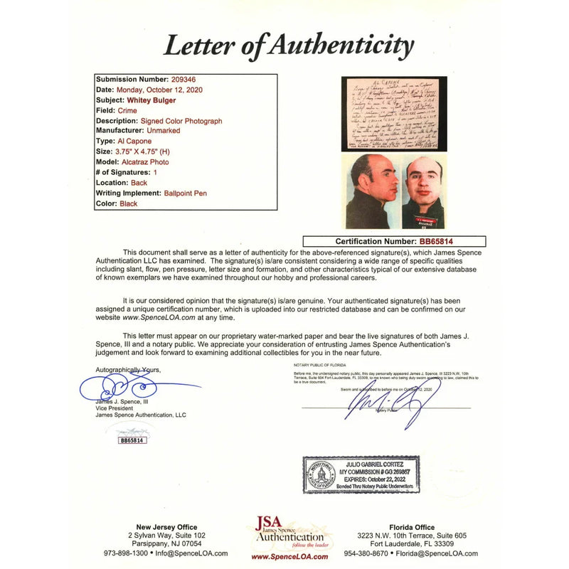 Whitey Bulger Hand Written Signed Framed Prison Letter About "Al Capone" Mafia JSA COA