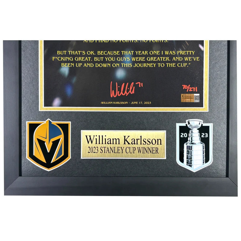 William Karlsson Signed 11x14 Stanley Cup Parade Speech Photo #D/271 Framed Vegas Golden Knights IGM COA Autograph