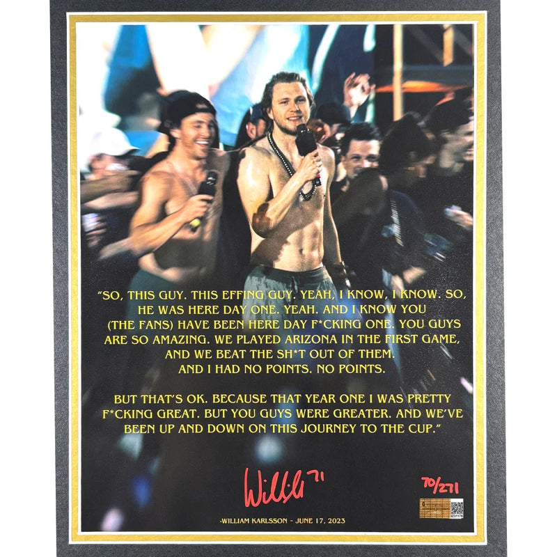William Karlsson Signed 11x14 Stanley Cup Parade Speech Photo #D/271 Framed Vegas Golden Knights IGM COA Autograph
