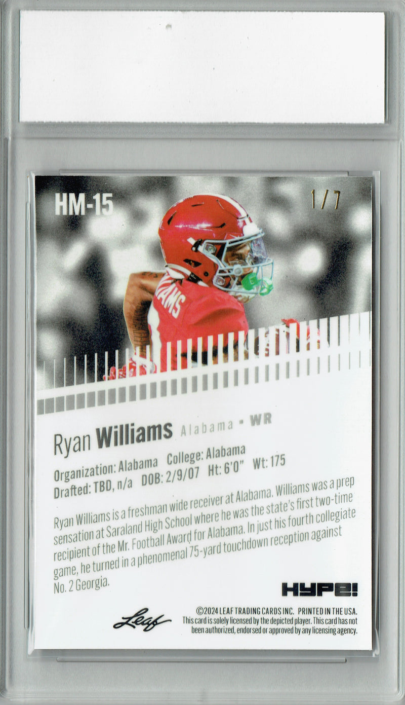 Ryan Williams Rookie Card Alabama Football Trading Card 2024 Leaf HYPE! Metal #HM-15 Black Only 7 Made PGI 10