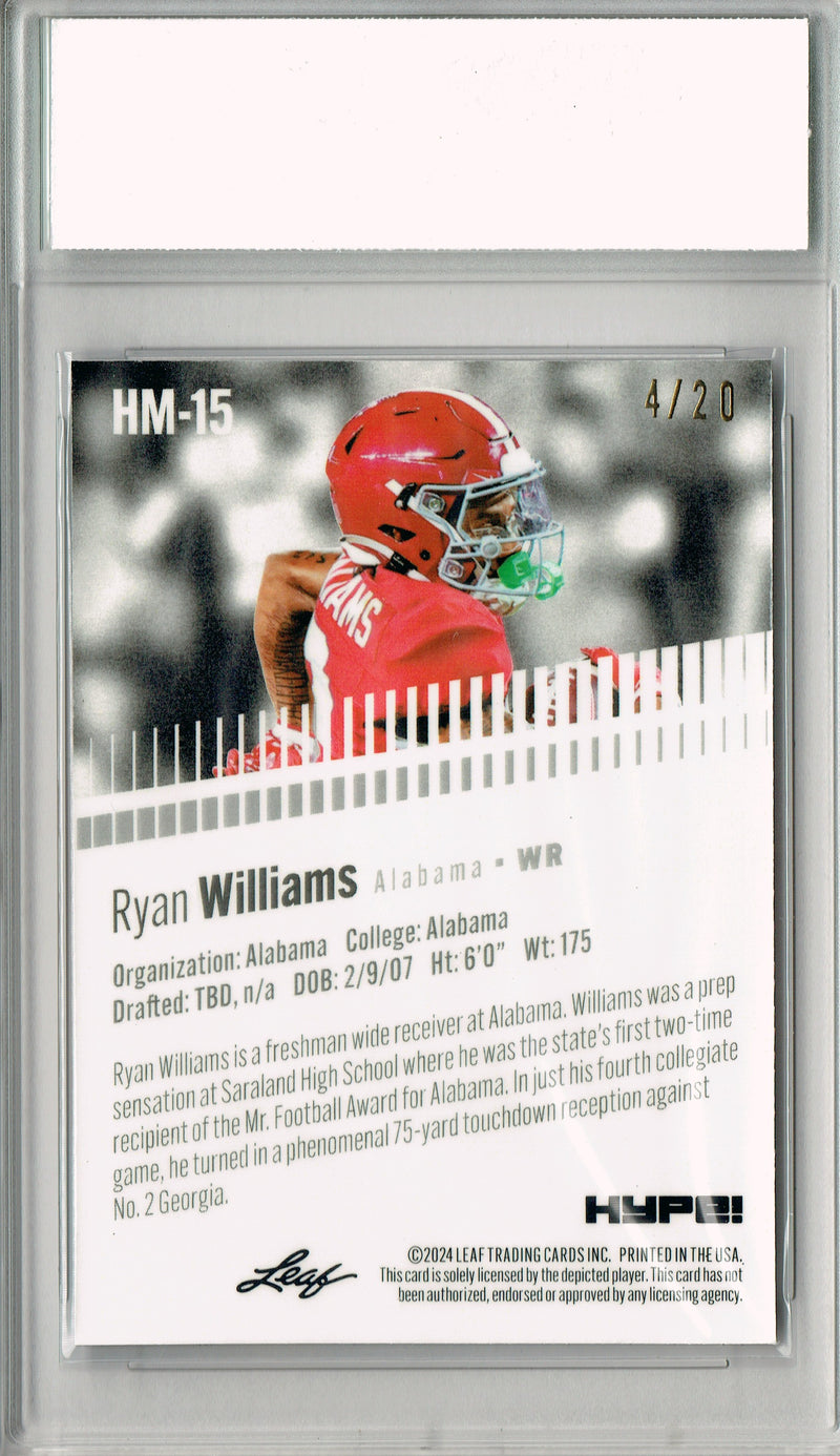 Ryan Williams Rookie Card Alabama Football Trading Card 2024 Leaf HYPE! Metal #HM-15 Blue Only 20 Made PGI 10