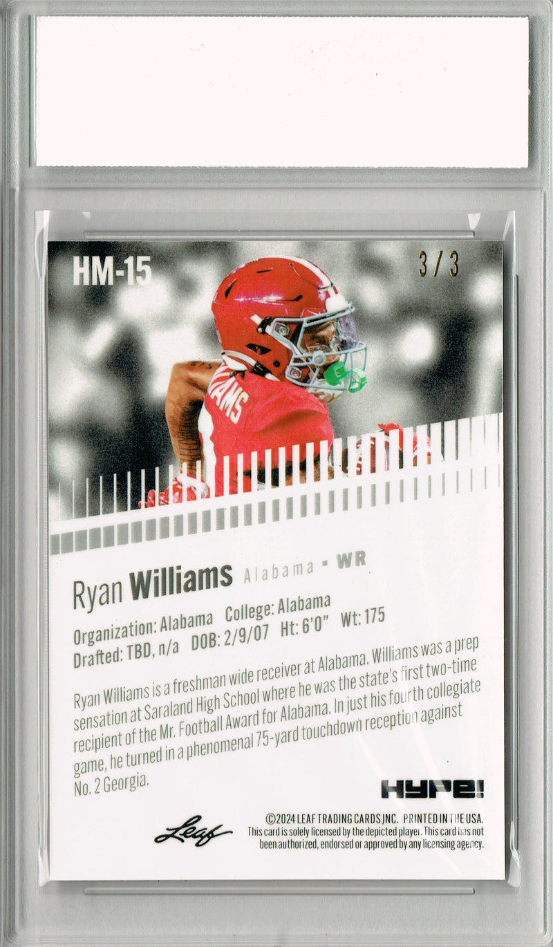Ryan Williams Rookie Card Alabama Football Trading Card 2024 Leaf HYPE! Metal #HM-15 Orange Only 3 Made PGI 10