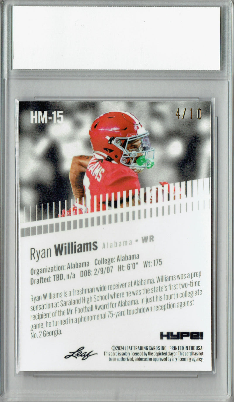 Ryan Williams Rookie Card Alabama Football Trading Card 2024 Leaf HYPE! Metal #HM-15 Pink Only 10 Made PGI 10