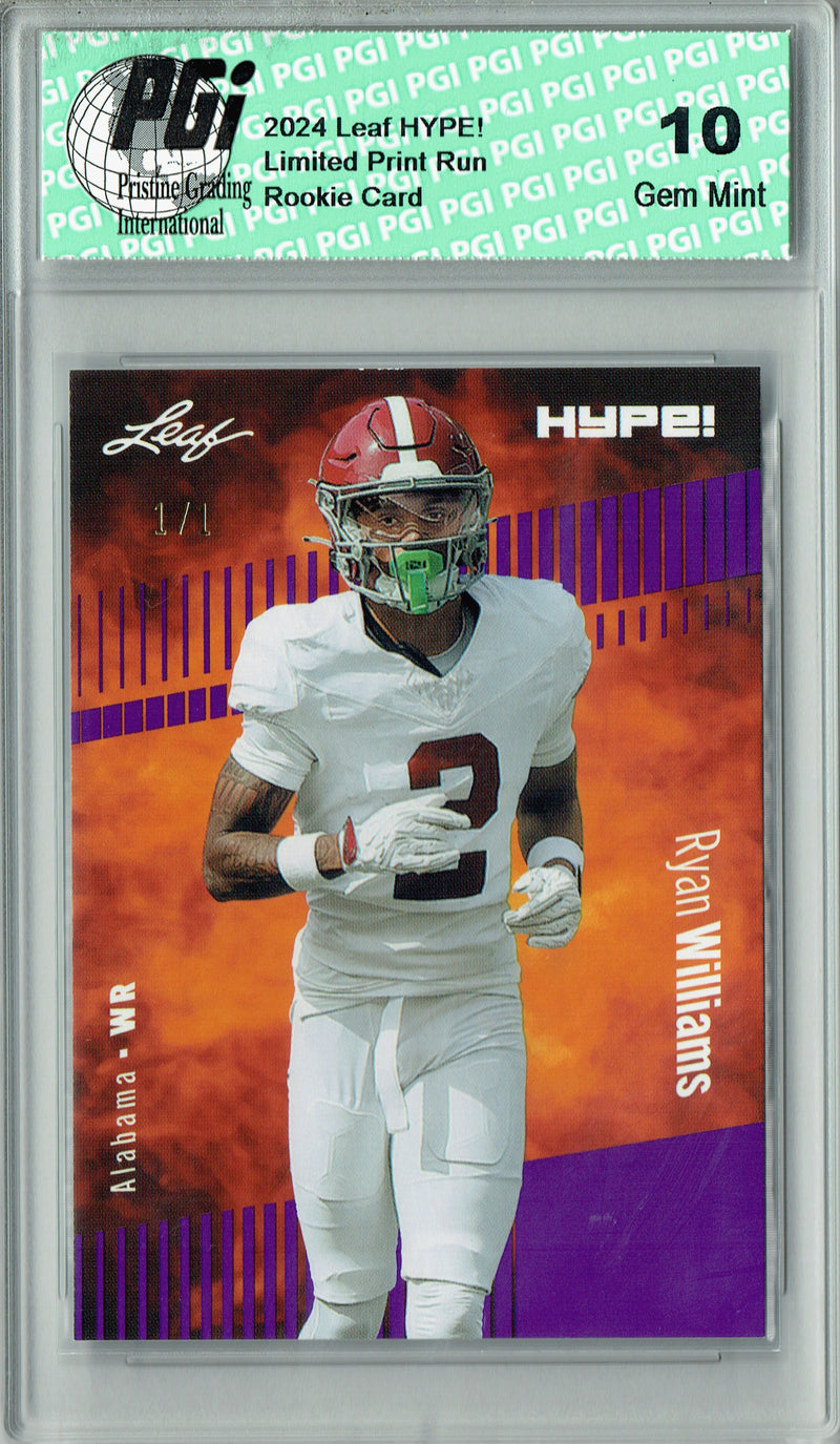 Ryan Williams Rookie Card Alabama PGI 10 Gem Mint Football Trading Card 2024 Leaf HYPE! #169 Purple Blank Back 1/1