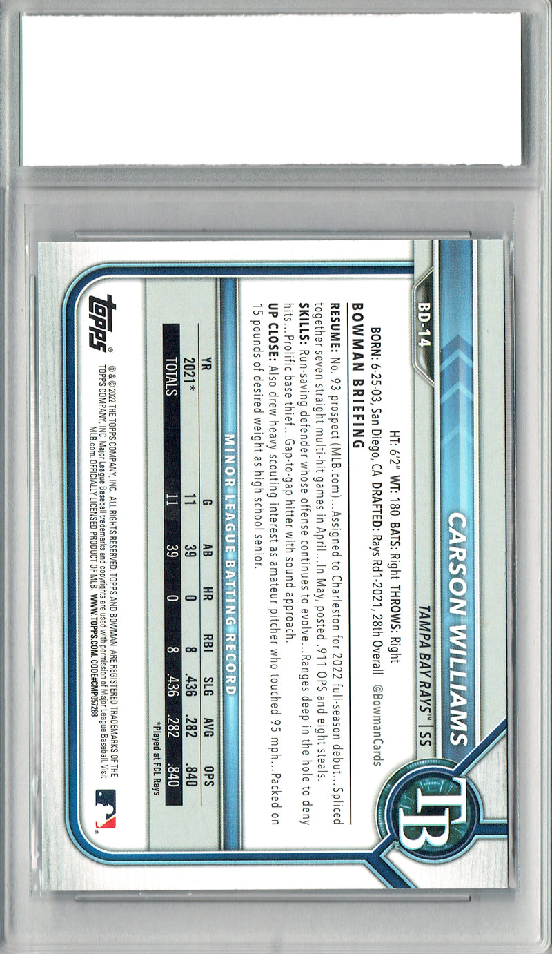 Carson Williams Rookie Card 2022 Bowman Draft #BD-14 PRISTINE, PGI 10, Tampa Bay Rays Baseball