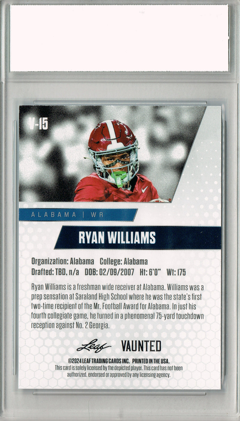 Ryan Williams Rookie Card Alabama PGI 10 Gem Mint Football Trading Card 2024 Leaf Vaunted #V-15 Purple Shimmer 1/1