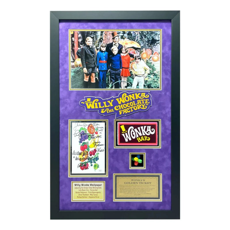 Willy Wonka Kids X5 Signed Wallpaper Framed Gobstopper Bar Collage JSA COA Autograph Cast