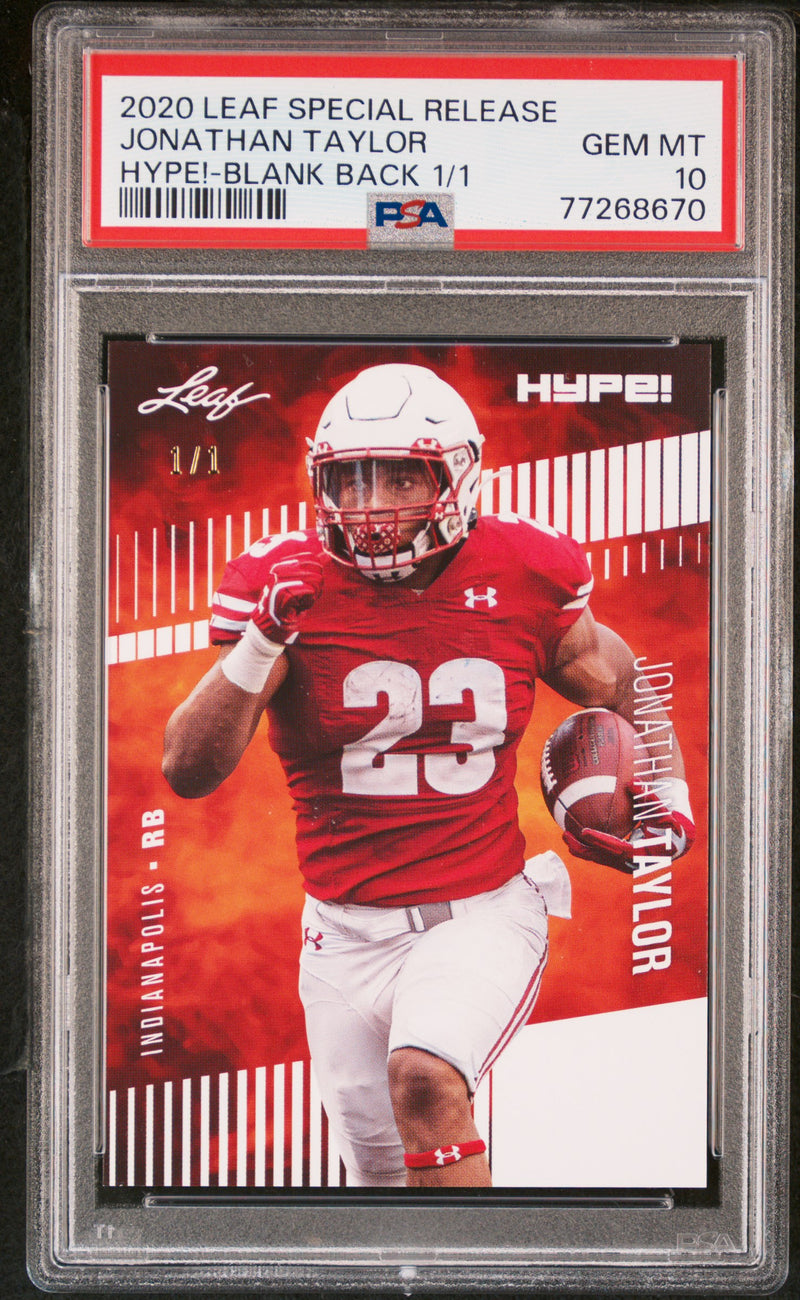 Jonathan Taylor Rookie Card Indianapolis PSA GEM-MT 10 (Gem Mint) Football Trading Card 2020 Leaf HYPE! #38 White Blank Back 1/1