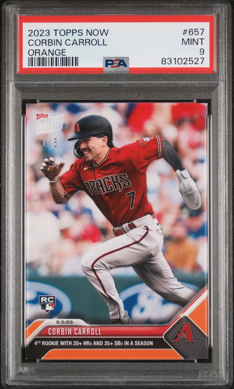 PSA 9 Corbin Carroll 2023 Topps Now #657 Rookie Card Orange The #1 of 5