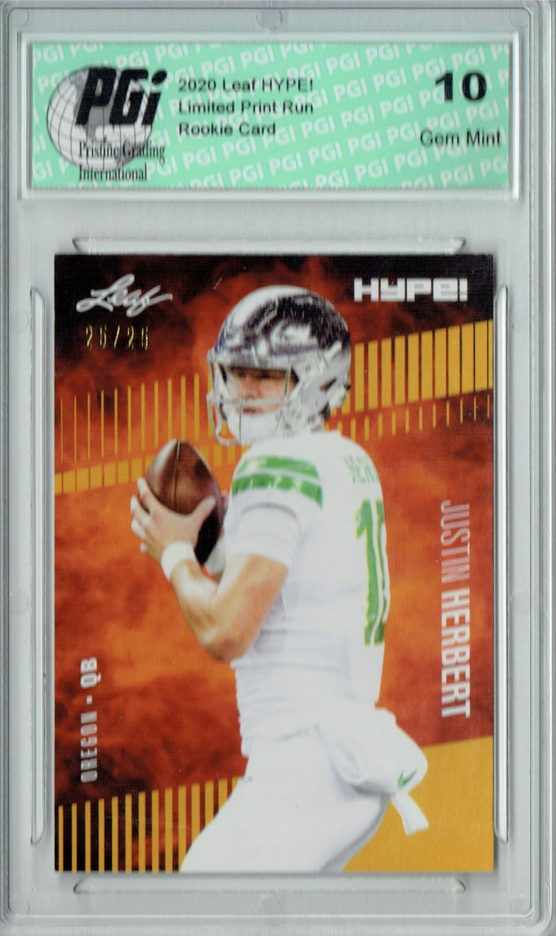 Justin Herbert Rookie Card Los Angeles PGI 10 Gem Mint Football Trading Card 2020 Leaf HYPE! #27 Gold SP, Only 25 Made