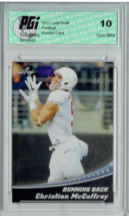 Christian McCaffrey 2017 Leaf #1 Blank Back Silver #1 of 7 Rookie Card PGI 10