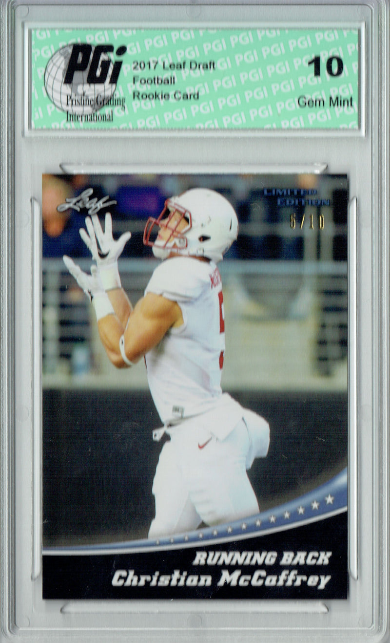 Christian McCaffrey Rookie Card Carolina PGI 10 Gem Mint Football Trading Card 2017 Leaf Limited Edition #1 Silver Jersey #5/10