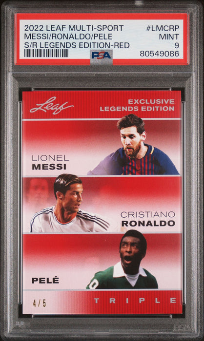 PSA 9 Lionel Messi Pele Cristiano Ronaldo 2022 Leaf The Triple Red SP #4/5 Card