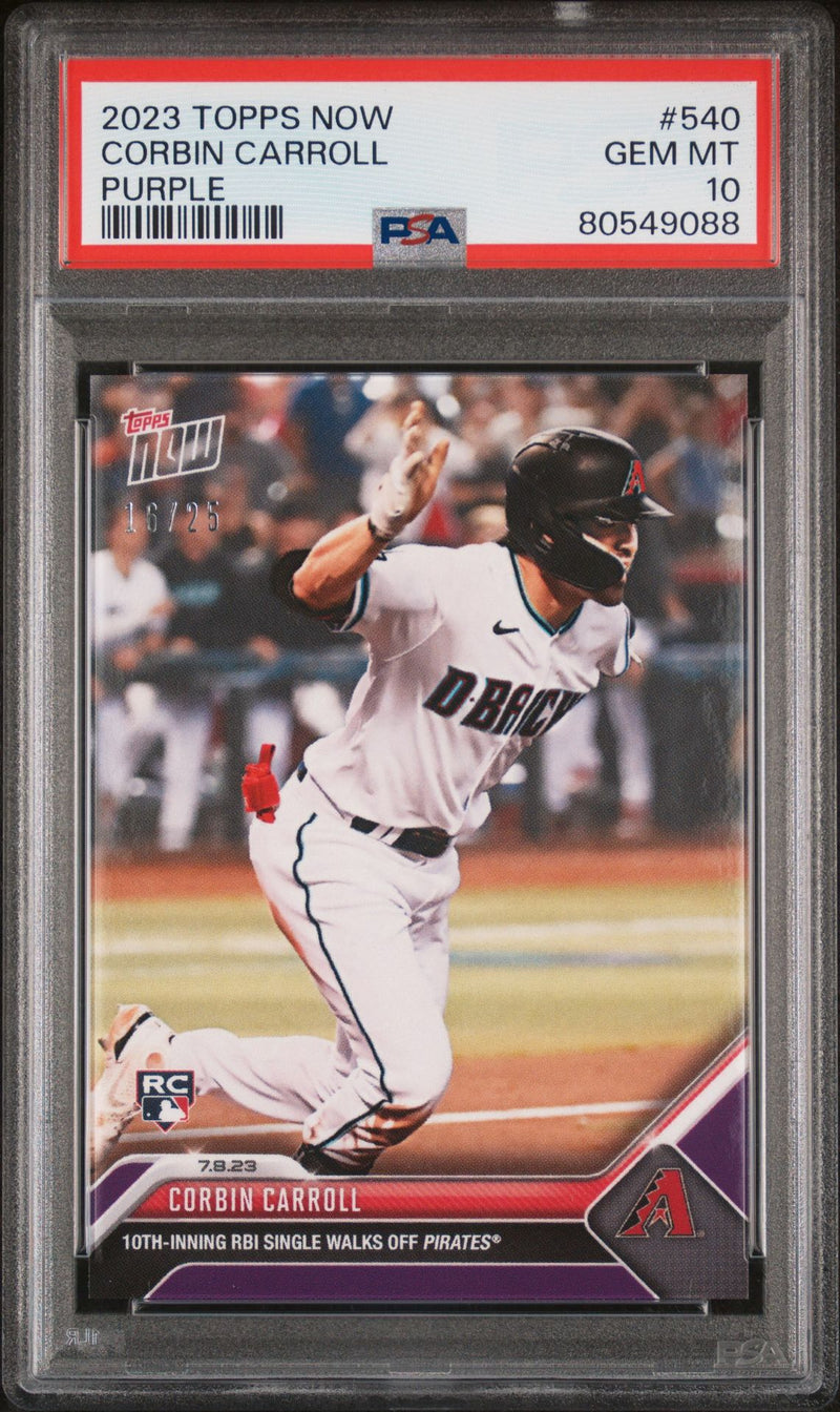 PSA 10 Corbin Carroll 2023 Topps Now #540 Purple SP #16/25 Rookie Card