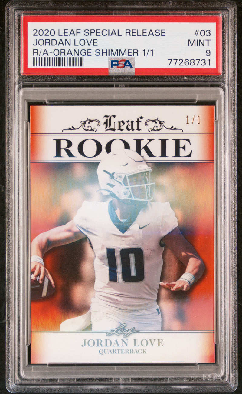 Jordan Love Rookie Card Green Bay PSA MINT 9 (Mint) Football Trading Card 2020 Leaf Exclusive #3 Orange Shimmer 1/1