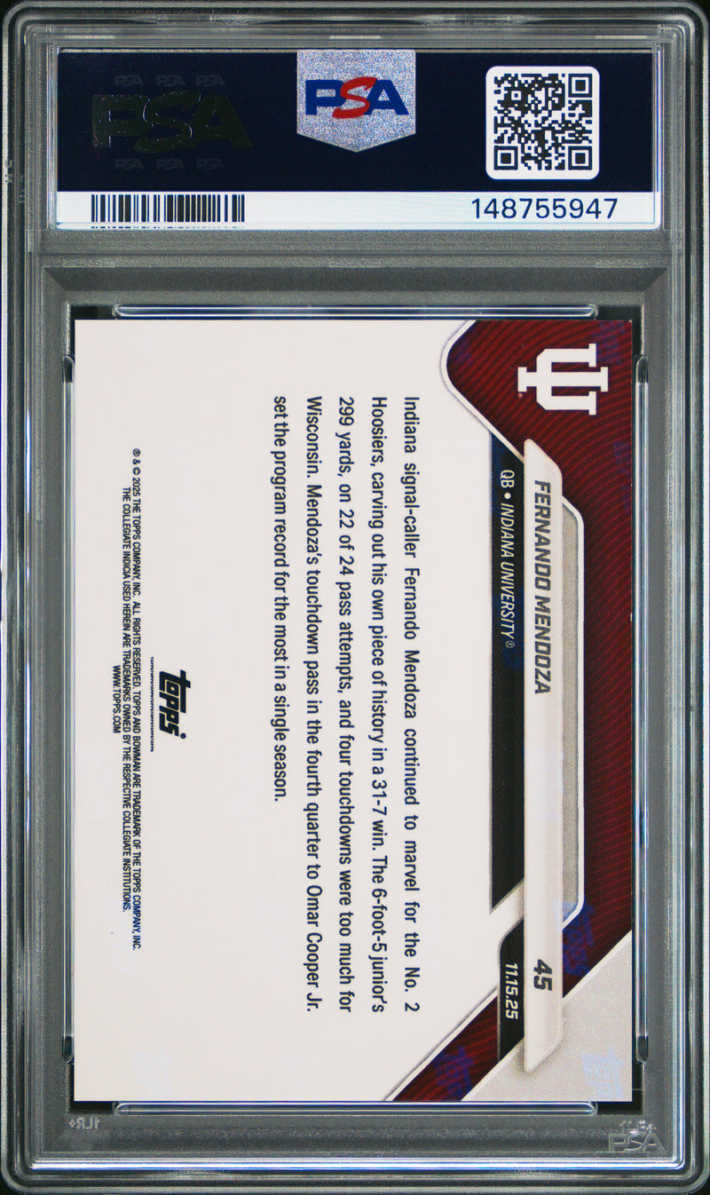 PSA 9 Fernando Mendoza 2025 Bowman University Now #45 Gold SP The #1 of 50 Rookie Card Indiana Hoosiers