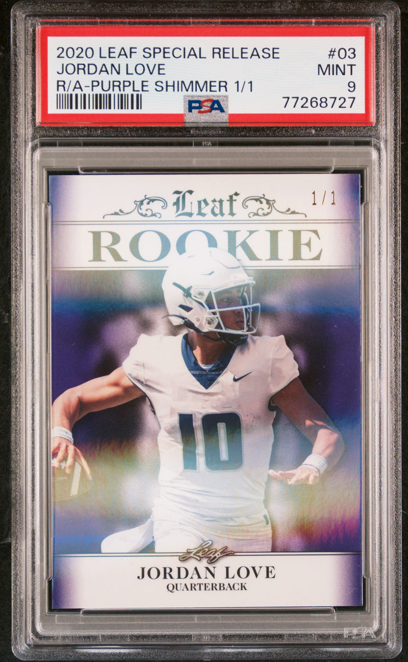 Jordan Love 2020 Leaf Exclusive #2 Rookie Card Purple Shimmer 1/1 PSA MINT 9 (Mint)