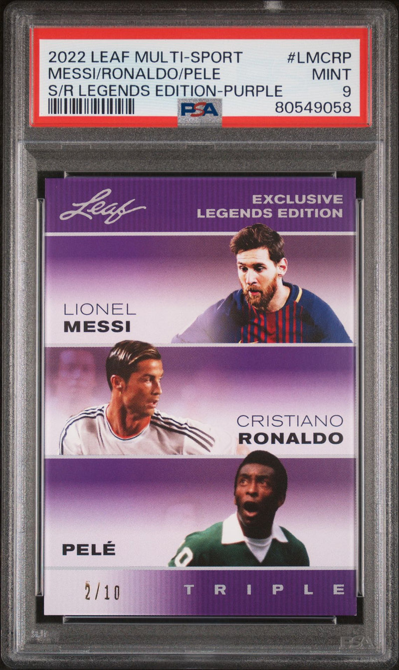 2022 Leaf PSA 9 #LMCRP The Triple Pele Lionel Messi Cristiano Ronaldo Purple #2/10 Rare Trading Card FC Barcelona