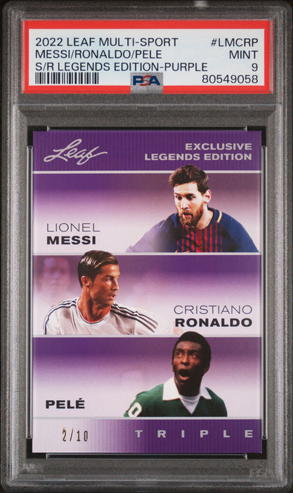 PSA 9 Pele Lionel Messi Cristiano Ronaldo 2022 Leaf #LMCRP The Triple Purple #2/10 Rare Trading Card