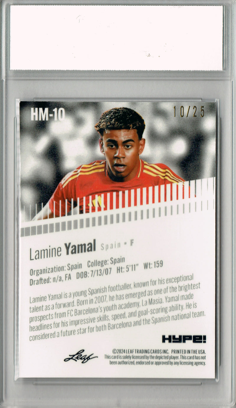 Lamine Yamal Rookie Card 2024 Leaf HYPE! #HM-10 Metal Jersey #10/25 Silver, PGI 10, Barcelona FC Soccer