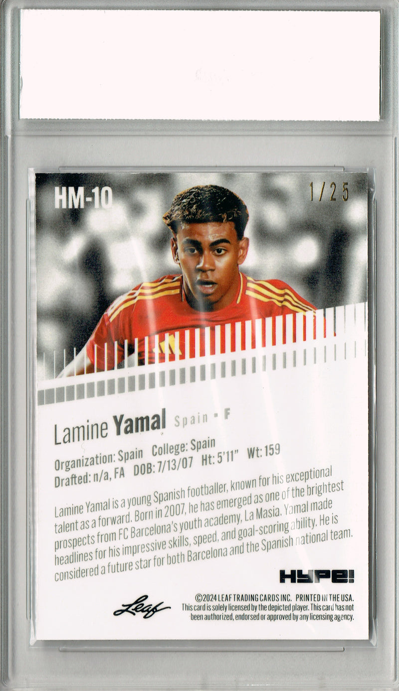 Lamine Yamal Rookie Card 2024 Leaf HYPE! #HM-10 Metal The #1/25 Silver, PGI 10, Barcelona FC Soccer