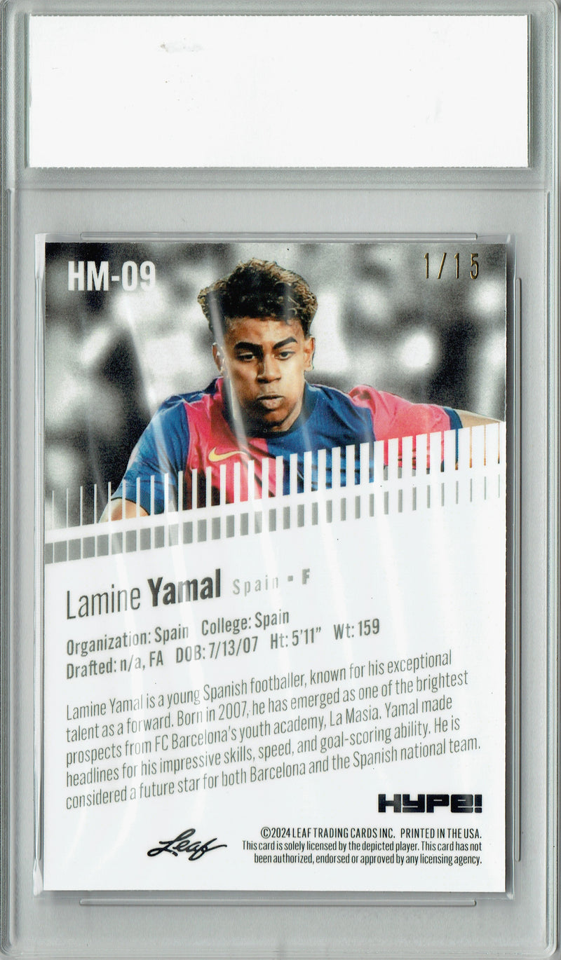 Lamine Yamal Rookie Card 2024 Leaf HYPE! #HM-09 Metal The #1/15 Purple, PGI 10, Barcelona FC Soccer