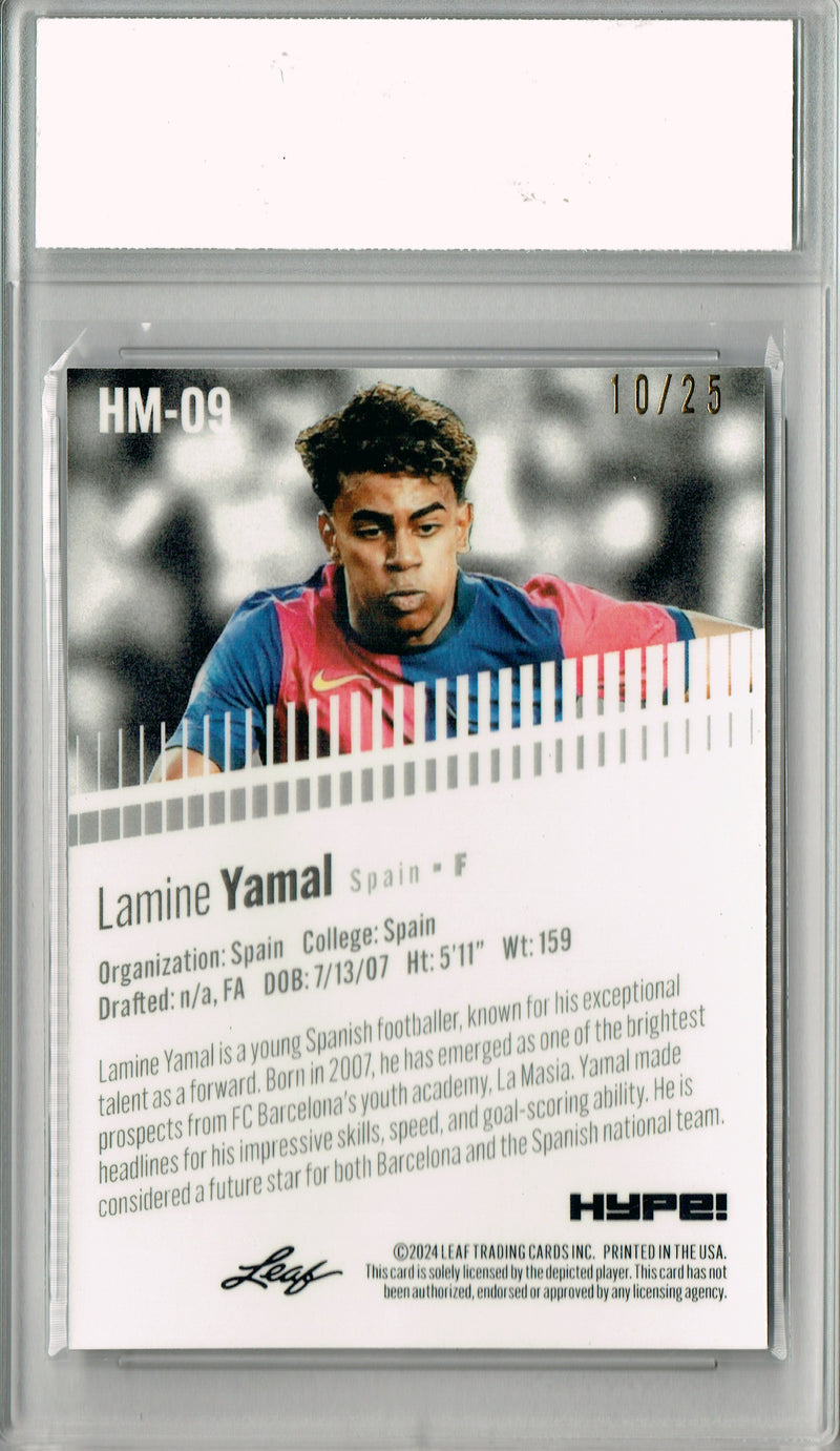Lamine Yamal Rookie Card 2024 Leaf HYPE! #HM-09 Metal Jersey #10/25 Silver, PGI 10, Barcelona FC Soccer