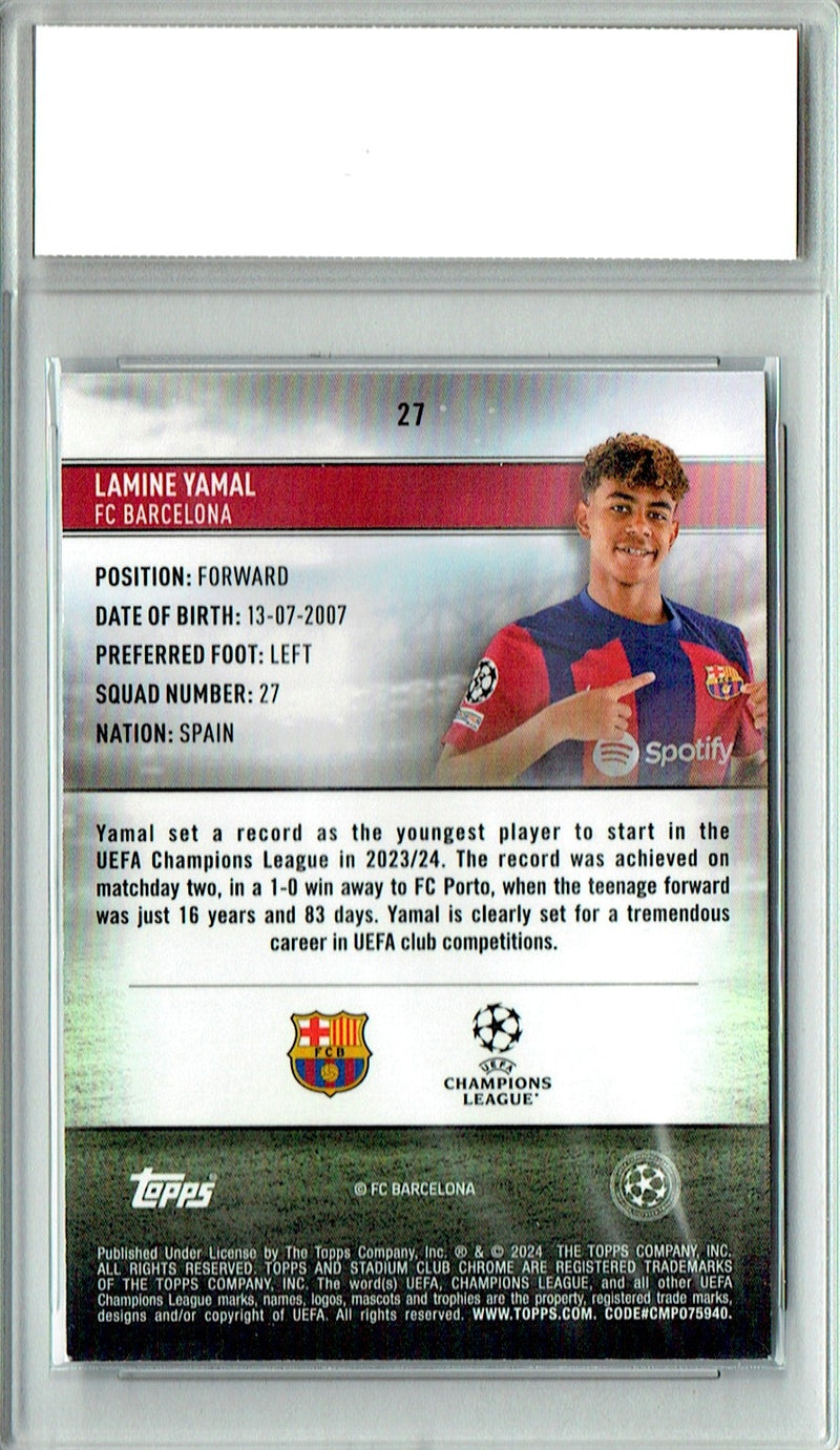 Lamine Yamal Rookie Card 2024 Stadium Club Chrome #27 PRISTINE, PGI 10, Barcelona Soccer