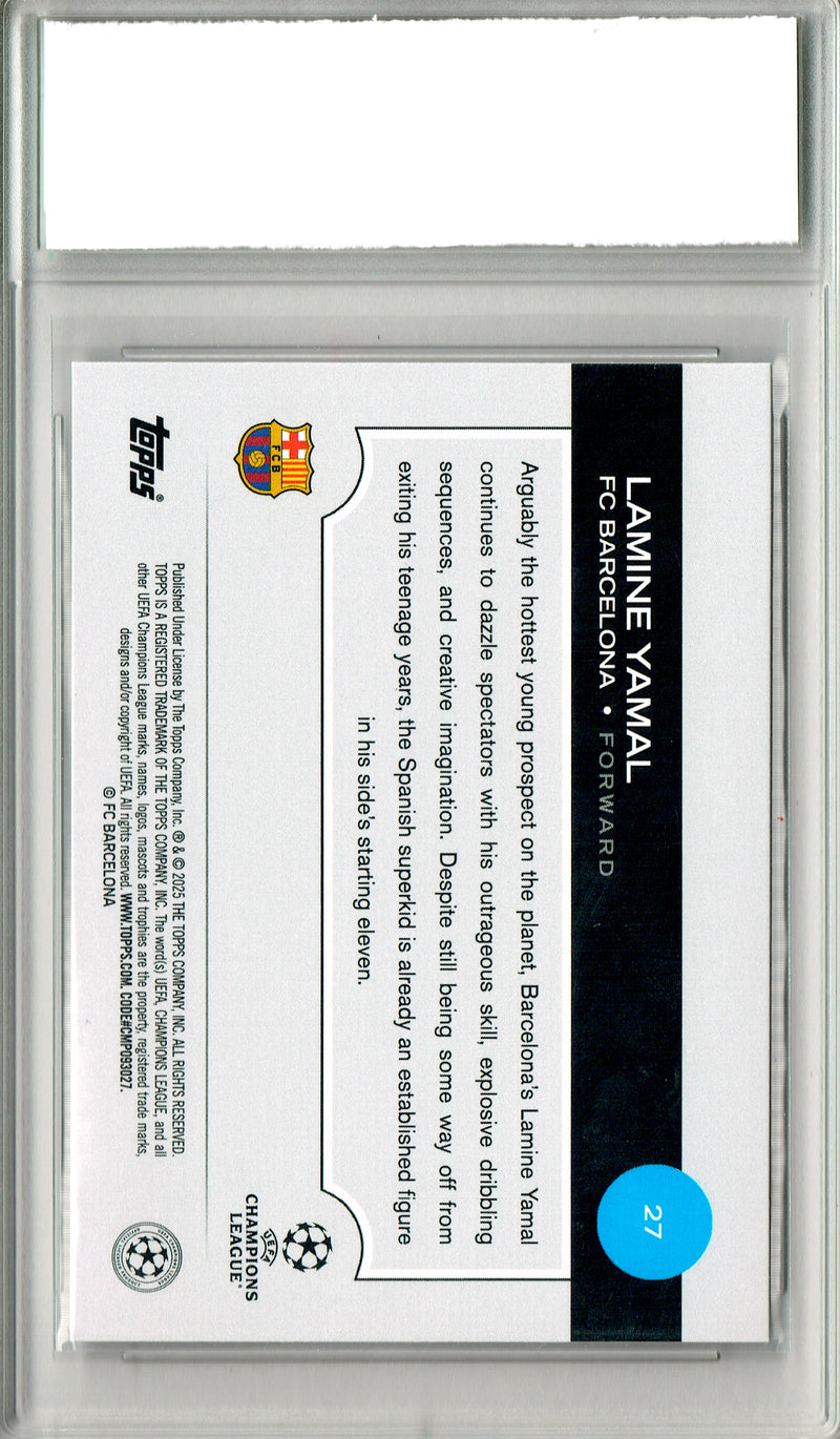 Lamine Yamal Rookie Card 2025 Topps Chrome #27 UCC Future Stars Wave Refractor, PGI 10, Barcelona Soccer