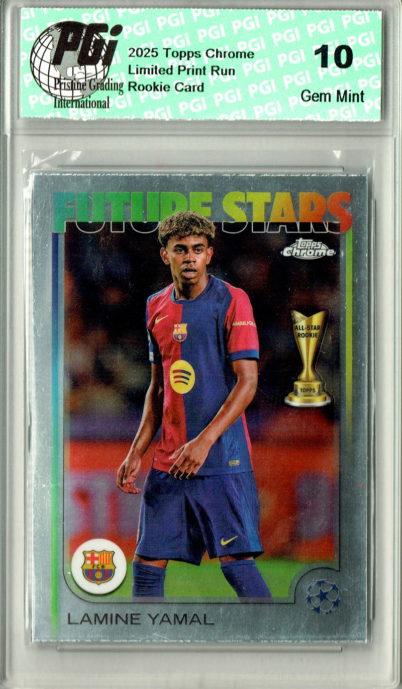 Lamine Yamal Rookie Card 2025 Topps Chrome #27 UCC Future Stars, PGI 10, Barcelona Soccer
