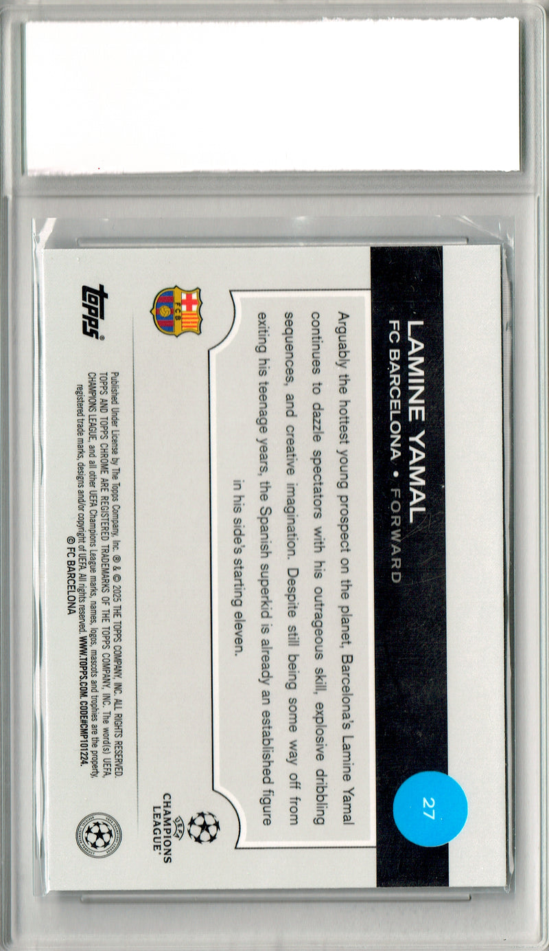 Lamine Yamal Rookie Card 2025 Topps Chrome #27 UCC Future Stars, PGI 10, Barcelona Soccer