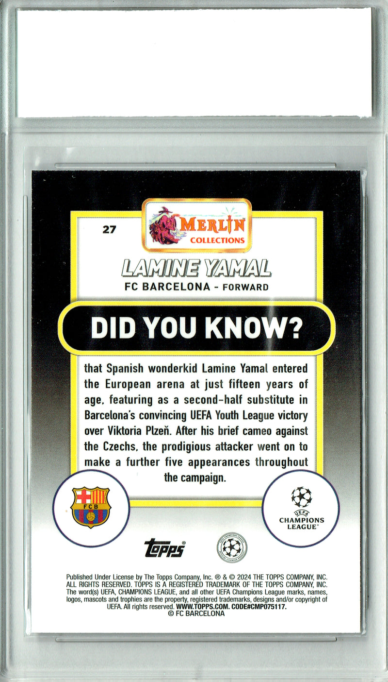 Lamine Yamal Rookie Card 2024 Topps Chrome #27 Merlin, PGI 10, Barcelona Soccer