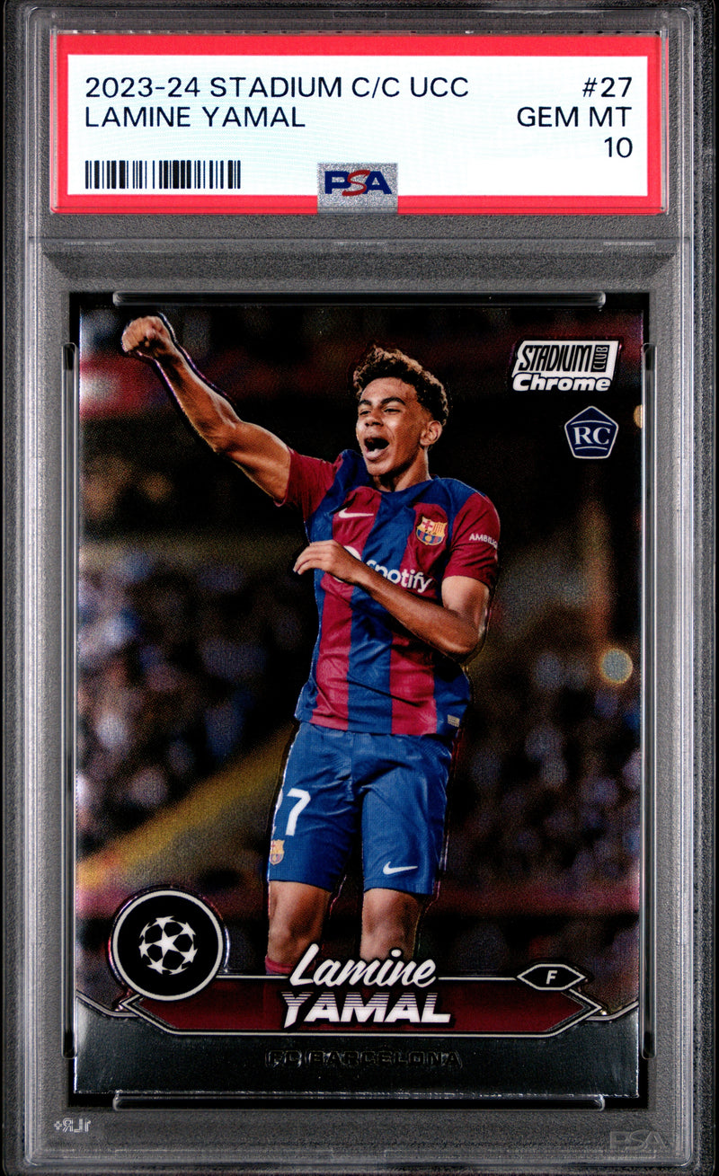 PSA 10 Lamine Yamal 2023-24 Topps Stadium Club Chrome #27 UEFA Club Competitions Rookie Card Barcelona