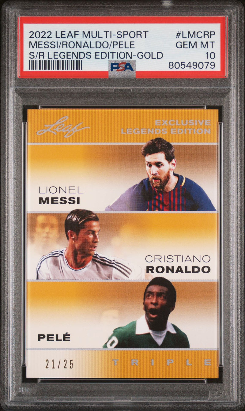 2022 Leaf PSA 10 Pele Lionel Messi Cristiano Ronaldo #LMCRP The Triple Gold #21/25 Rare Trading Card FC Barcelona
