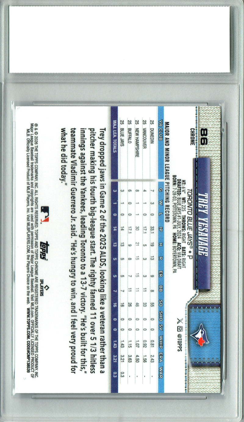 Trey Yesavage Rookie Card 2026 Topps Chrome #86, PGI 10, Toronto Blue Jays Baseball