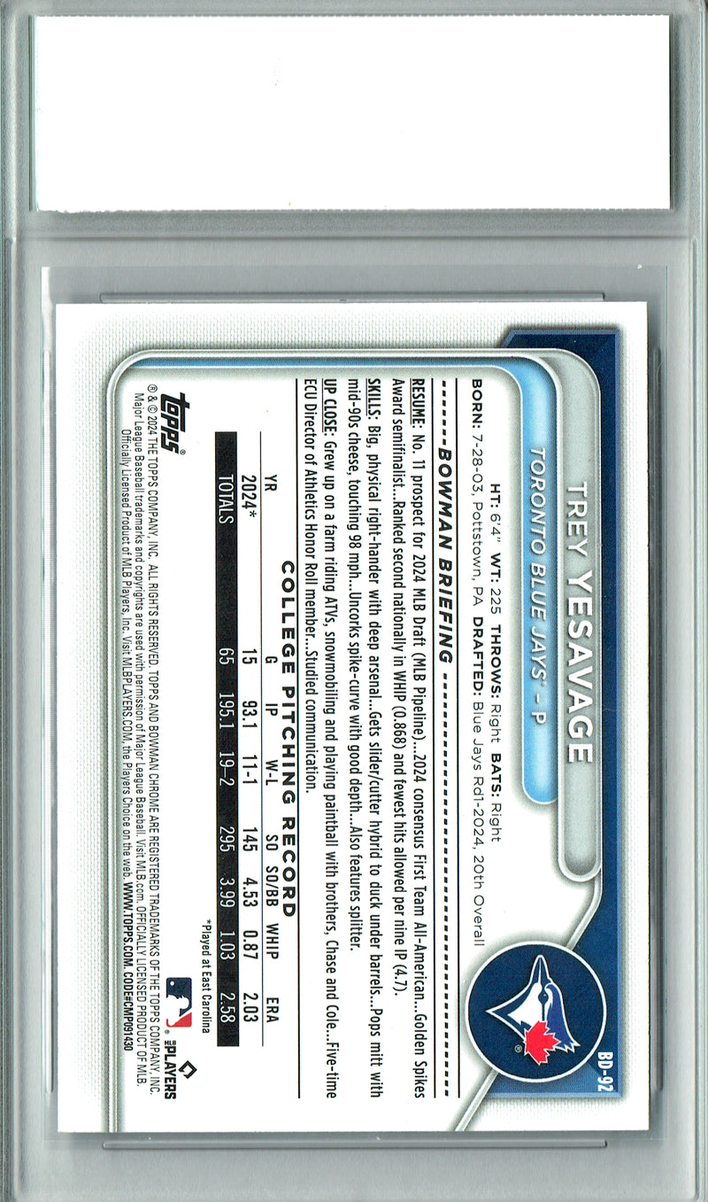 Trey Yesavage Rookie Card 2024 Bowman Draft #BD-92 PRISTINE, PGI 10, Toronto Blue Jays Baseball