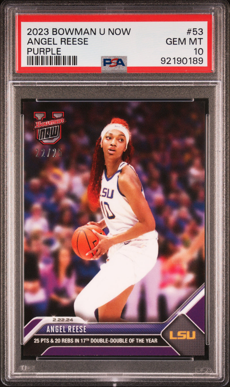 PSA 10 Angel Reese 2023 Bowman University Now #53 Purple SP #22/25 Rookie Card