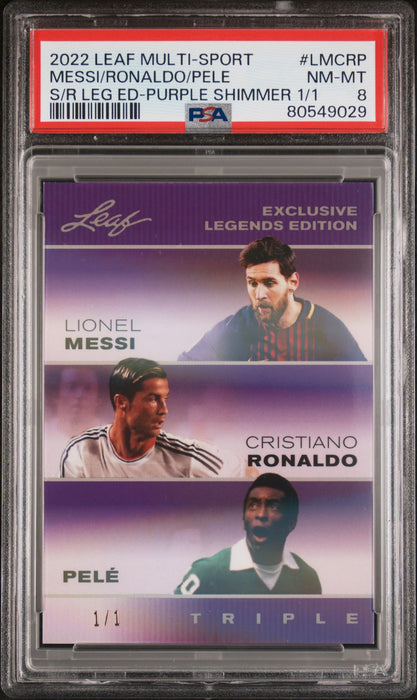 PSA 8 Lionel Messi Pele Cristiano Ronaldo 22 Leaf Triple Purple Shimmer 1/1 Card
