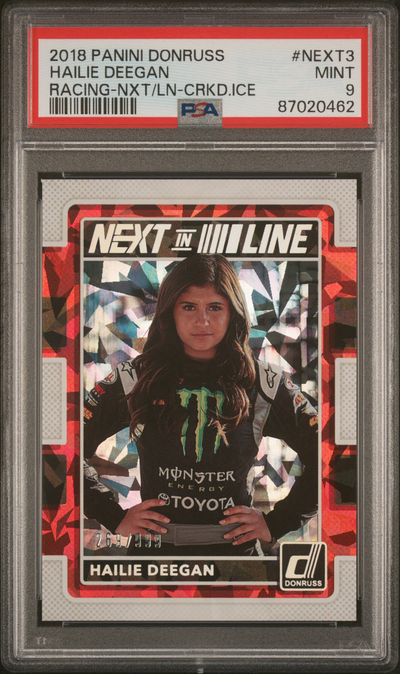 PSA 9 Hailie Deegan 2018 Panini Donruss #Next3 Next Cracked Ice 999 Rookie Card Monster/Toyota