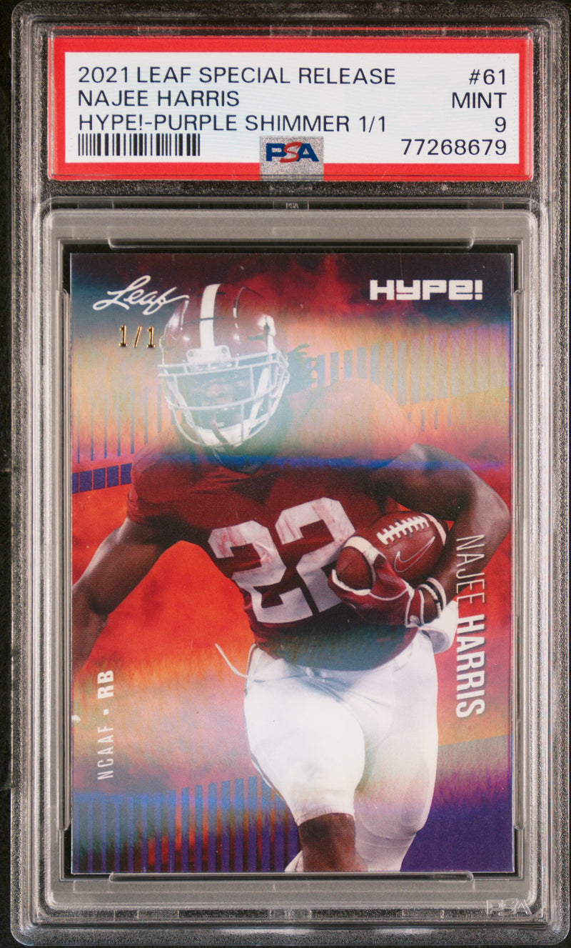 Najee Harris Rookie Card Pittsburgh PSA MINT 9 (Mint) Football Trading Card 2021 Leaf HYPE! #61 Purple Shimmer 1/1