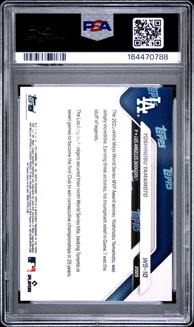 Yoshinobu Yamamoto Trading Card 2025 Topps Now #10 Platinum Member, PSA 10, Los Angeles Dodgers Baseball