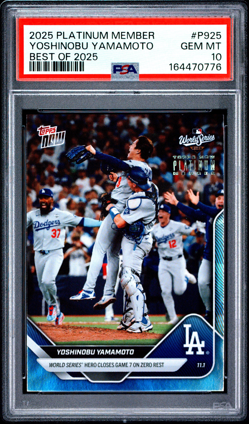 Yoshinobu Yamamoto Trading Card 2025 Topps Now #P925 Platinum Member Best Of, PSA 10, Los Angeles Dodgers Baseball