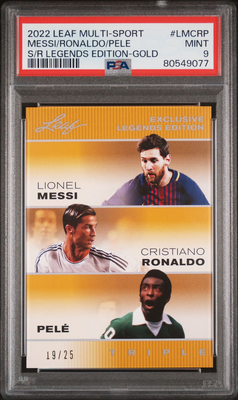 Pele Lionel Messi Cristiano Ronaldo PSA 9 2022 Leaf #LMCRP The Triple Gold #19/25 Rare Trading Card FC Barcelona