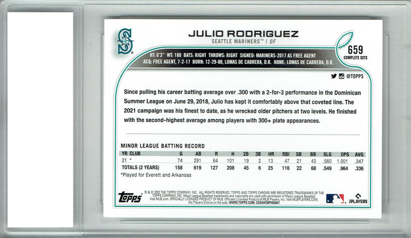 Julio Rodriguez Rookie Card Seattle Mariners Baseball Trading Card 2022 Topps #659 PGI 10 Gem Mint