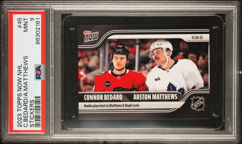 PSA 9 Connor Bedard 2023 Topps Now #45 w Auston Matthews Rookie/Sticker Card Chicago Blackhawks